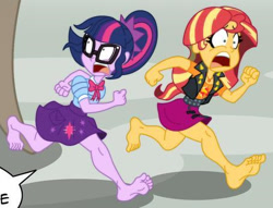 Size: 458x350 | Tagged: safe, artist:niban-destikim, sci-twi, sunset shimmer, twilight sparkle, comic:the shrinking project, equestria girls, g4, barefoot, cropped, duo, feet, fetish, foot fetish, soles, toes