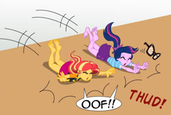 Size: 858x580 | Tagged: safe, artist:niban-destikim, sci-twi, sunset shimmer, twilight sparkle, comic:the shrinking project, equestria girls, g4, barefoot, cropped, duo, feet, fetish, foot fetish, soles, toes