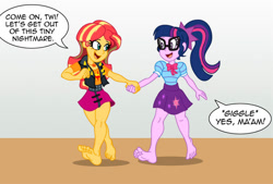 Size: 858x581 | Tagged: safe, artist:niban-destikim, sci-twi, sunset shimmer, twilight sparkle, comic:the shrinking project, equestria girls, g4, barefoot, cropped, duo, feet, soles, toes