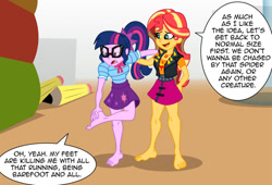 Size: 858x584 | Tagged: safe, artist:niban-destikim, sci-twi, sunset shimmer, twilight sparkle, comic:the shrinking project, equestria girls, g4, barefoot, cropped, duo, feet, fetish, foot fetish, toes