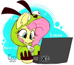 Size: 1200x1061 | Tagged: safe, artist:wutanimations, fluttershy, pegasus, pony, antonymph, cutiemarks (and the things that bind us), g4, abstract background, clothes, computer, female, fluttgirshy, gir, grin, hoodie, invader zim, laptop computer, lmao, lol, mare, rawr, signature, smiling, solo, vylet pony, winky face, x3, xd, zipper