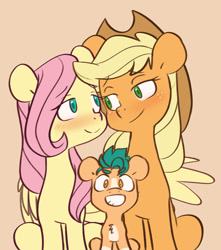 Size: 2121x2401 | Tagged: safe, artist:chub-wub, applejack, fluttershy, hitch trailblazer, earth pony, pegasus, pony, g4, g5, blushing, chest fluff, colt, colt hitch trailblazer, cute, female, g5 to g4, grin, headcanon, high res, hitch and his 2nd heroine, hitch and his heroine, hitchbetes, jackabetes, lesbian, looking at each other, magical lesbian spawn, male, mare, markings, mother and child, mother and son, offspring, orange background, parent:applejack, parent:fluttershy, parents:appleshy, ship:appleshy, shipping, shyabetes, simple background, sitting, smiling
