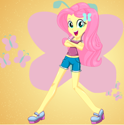 Size: 596x602 | Tagged: safe, artist:kimpossiblelove, fluttershy, equestria girls, g4, clothes, crossed arms, female, looking at you, open mouth, open smile, shorts, smiling, smiling at you, solo