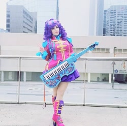 Size: 1080x1072 | Tagged: safe, artist:mieucosplay, rarity, human, bronycon, bronycon 2017, equestria girls, friendship through the ages, g4, ancient wonderbolts uniform, clothes, cosplay, costume, irl, irl human, keytar, musical instrument, peace sign, photo, sgt. rarity