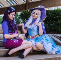 Size: 1080x1070 | Tagged: safe, artist:mieucosplay, artist:sarahndipity cosplay, starlight glimmer, trixie, human, g4, cape, clothes, cosplay, costume, hat, irl, irl human, photo, trixie's cape, trixie's hat