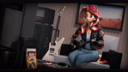 Size: 9600x5400 | Tagged: safe, artist:imafutureguitarhero, sunset shimmer, unicorn, anthro, art pack:fun n games artpack, g4, 3d, absurd file size, absurd resolution, amplifier, black bars, book, cable, cheek fluff, chromatic aberration, clothes, coffee table, colored eyebrows, colored eyelashes, controller, couch, crt tv, dutch angle, ear fluff, female, film grain, fingerless gloves, fluffy, freckles, fur, gloves, guitar, guitar amp, guitar cabinet, guitar hero, guitar hero controller, heavy metal, indoors, jacket, jeans, leather gloves, leather jacket, letterboxing, long hair, long mane, magazine, mare, multicolored hair, multicolored mane, multicolored tail, musical instrument, nose wrinkle, painting, pants, peppered bacon, playing instrument, playing video games, revamped anthros, revamped ponies, rock (music), rocker, shirt, signature, smiling, solo, source filmmaker, sunset shredder, table, television, vcr, video game, wall of tags, xbox 360, xbox 360 controller