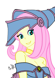 Size: 651x920 | Tagged: safe, artist:flutteryaylove, fluttershy, equestria girls, g4, anime, breasts, cleavage, clothes, cosplay, costume, dark magician girl, female, looking at you, simple background, smiling, solo, white background, yu-gi-oh!