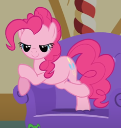 Size: 449x474 | Tagged: safe, screencap, pinkie pie, earth pony, pony, g4, just for sidekicks, season 3, chair, cropped, crossed hooves, lidded eyes, smiling, solo