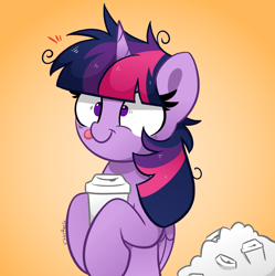 Size: 3040x3056 | Tagged: safe, artist:kittyrosie, twilight sparkle, alicorn, pony, g4, :p, coffee, cute, derp, drink, drinking, female, gradient background, high res, hypercaffinated, mare, messy mane, mismatched eyes, solo, tongue out, twiabetes, twilight snapple, twilight sparkle (alicorn), twilynanas
