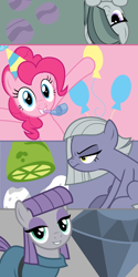 Size: 2000x4000 | Tagged: safe, artist:legendoflink, limestone pie, marble pie, maud pie, pinkie pie, earth pony, pony, g4, eyeshadow, female, hat, high res, lidded eyes, looking at you, makeup, mare, party hat, party horn, phone wallpaper, pie sisters, pie twins, siblings, sisters, smiling, twins, when she smiles