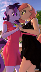 Size: 1080x1920 | Tagged: safe, artist:anthroponiessfm, oc, oc:atari, oc:raven storm, anthro, 3d, anthro oc, clothes, cute, dress, female, holding hands, kissing, lesbian, looking at each other, oc x oc, romantic, shipping, source filmmaker