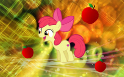 Size: 1920x1200 | Tagged: safe, artist:allenacnguyen, apple bloom, earth pony, pony, g4, apple, female, filly, food, happy, open mouth, open smile, smiling, solo, wallpaper