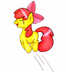 Size: 4000x4342 | Tagged: safe, artist:emerlees, apple bloom, earth pony, pony, g4, eyes closed, female, filly, jumping, open mouth, open smile, smiling, solo