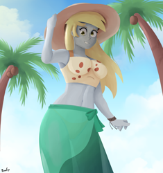 Size: 1600x1700 | Tagged: safe, artist:biocrine, derpy hooves, equestria girls, g4, belly button, clothes, female, midriff, palm tree, skirt, solo, swimsuit, tree, tube top