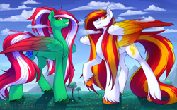 Size: 1300x813 | Tagged: safe, alternate version, artist:scarlet-spectrum, oc, oc:diamond sun, oc:spring wind, pegasus, pony, cloud, colored, colored wings, commission, concave belly, female, giant pegasus, giant pony, giantess, gradient wings, hair physics, hoof fluff, hooves, large wings, long mane, long tail, looking at you, looking down, looking down at you, macro, mare, meadow, mountain, mountain range, multicolored wings, partially open wings, raised hoof, shading, side view, sky, slender, smiling, standing, striped mane, striped tail, tail, tall, thin, tree, unshorn fetlocks, wings