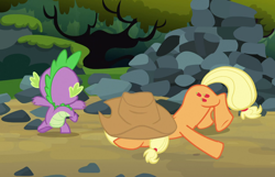 Size: 1240x800 | Tagged: safe, screencap, applejack, spike, dragon, g4, season 3, spike at your service, cropped, duo, female, male, mare