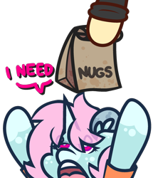 Size: 1864x2164 | Tagged: safe, artist:threetwotwo32232, oc, oc only, oc:scoops, pony, unicorn, chicken meat, chicken nugget, food, meat, simple background, solo, transparent background