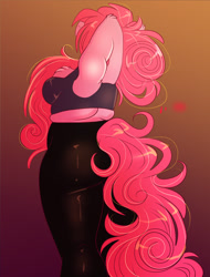 Size: 1200x1575 | Tagged: safe, artist:unfinishedheckery, pinkie pie, earth pony, anthro, g4, breasts, busty pinkie pie, chubby, clothes, digital art, female, implied tail hole, pants, rear view, sideboob, simple background, solo, sports bra, tail, tank top