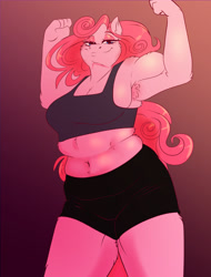 Size: 1200x1575 | Tagged: safe, artist:unfinishedheckery, pinkie pie, earth pony, anthro, g4, armpits, bedroom eyes, belly button, breasts, busty pinkie pie, chubby, clothes, digital art, female, flexing, looking at you, pose, shorts, simple background, solo, sports bra, tail, tank top