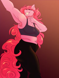 Size: 1200x1575 | Tagged: safe, artist:unfinishedheckery, pinkie pie, earth pony, anthro, g4, armpit hair, armpits, belly button, breasts, busty pinkie pie, chubby, clothes, digital art, eyes closed, female, pants, pose, simple background, smiling, solo, sports bra, tail, tank top