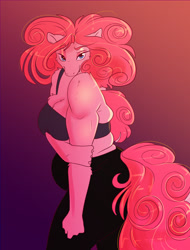 Size: 1200x1575 | Tagged: safe, artist:unfinishedheckery, pinkie pie, earth pony, anthro, g4, breasts, busty pinkie pie, chubby, clothes, digital art, eyes closed, female, pants, pose, simple background, smiling, solo, tail, tank top