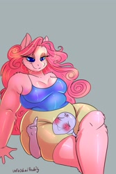 Size: 2731x4096 | Tagged: safe, artist:unfinishedheckery, pinkie pie, oc, oc:anon, earth pony, anthro, g4, bedroom eyes, belly button, blushing, breasts, busty pinkie pie, chubby, clothes, commission, digital art, duo, head between legs, imminent sex, imminent snu snu, male, pants, raised finger, shirt, shorts, simple background, smiling, tail, this will end in snu snu, worth it, your character here