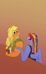 Size: 1170x1890 | Tagged: safe, artist:unfinishedheckery, applejack, rainbow dash, earth pony, pegasus, anthro, g4, blushing, breasts, clothes, digital art, duo, duo female, female, jacket, lesbian, looking at each other, ship:appledash, shipping, shirt, simple background, spread wings, wings