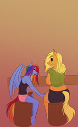 Size: 1170x1890 | Tagged: safe, artist:unfinishedheckery, applejack, rainbow dash, earth pony, pegasus, anthro, g4, ass, blushing, breasts, butt, clothes, digital art, drunk, drunk aj, drunker dash, duo, duo female, eyes closed, female, implied tail hole, jacket, lesbian, rear view, ship:appledash, shipping, shirt, shorts, simple background, sitting, spread wings, tail, wings