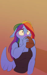 Size: 1170x1890 | Tagged: safe, artist:unfinishedheckery, rainbow dash, pegasus, anthro, g4, alcohol, blushing, breasts, clothes, digital art, drinking, drunk, drunker dash, female, floppy ears, palindrome get, shirt, shrunken pupils, simple background, sitting, solo, spread wings, wide eyes, wings