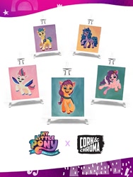 Size: 450x600 | Tagged: safe, hitch trailblazer, izzy moonbow, pipp petals, sunny starscout, zipp storm, g5, my little pony: a new generation, official, cork & chroma, mane five, my little pony: a new generation logo, painting, pony history, traditional art