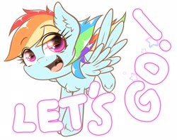 Size: 1800x1421 | Tagged: safe, artist:phoenixrk49, rainbow dash, pegasus, pony, g4, caption, chest fluff, cute, dashabetes, ear fluff, eye clipping through hair, eyelashes, happy, let's go, open mouth, simple background, solo, spread wings, text, white background, wings