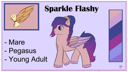 Size: 1192x670 | Tagged: safe, artist:schumette14, oc, oc:sparkle flashy, pegasus, pony, alternate universe, bluebelleuniverse, multiverse, next generation, offspring, parent:dusk shine, parent:flare warden, parents:duskwarden, parents:flareshine, reference, rule 63, story in the source, story included