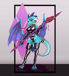 Size: 1280x1392 | Tagged: safe, artist:skrapbox, princess ember, dragon, anthro, digitigrade anthro, g4, bloodstone scepter, breasts, clothes, dragon lord ember, dragoness, evening gloves, female, fingerless elbow gloves, fingerless gloves, gloves, latex, latex gloves, latex leotard, latex socks, leg warmers, leotard, lizard breasts, long gloves, socks, solo, tail band, thigh highs