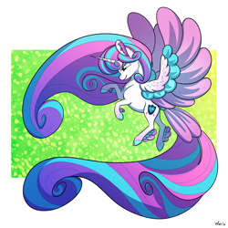 Size: 1280x1280 | Tagged: safe, artist:will-owl-the-wisp, princess flurry heart, alicorn, pony, g4, cloven hooves, colored hooves, colored wings, feathered fetlocks, female, long mane, long tail, mare, multicolored wings, older, older flurry heart, solo, spread wings, tail feathers, wings