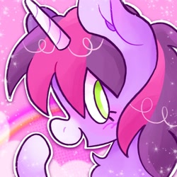 Size: 1024x1024 | Tagged: safe, artist:alexbeeza, oc, oc only, pony, unicorn, abstract background, bust, chest fluff, commission, open smil, rainbow, solo