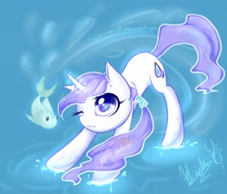 Size: 1280x1097 | Tagged: safe, artist:spidershii, oc, oc only, fish, pony, unicorn, blue background, blue eyes, commission, digital art, glowing horn, horn, one eye closed, open mouth, signature, simple background, smiling, solo, water, wingding eyes, wink