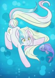 Size: 731x1024 | Tagged: safe, artist:moonsugar33, oc, oc only, fish, pony, unicorn, blue background, bubble, crepuscular rays, female, flowing mane, flowing tail, horn, ocean, simple background, solo, sunlight, underwater, water, yellow eyes