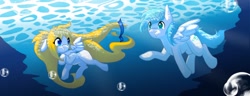 Size: 1280x492 | Tagged: safe, artist:-mutt, oc, oc only, pegasus, pony, blue eyes, blue mane, bubble, crepuscular rays, digital art, feather, female, flowing mane, holding breath, looking at each other, ocean, sunlight, underwater, water, wings, yellow mane