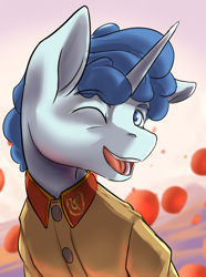 Size: 1560x2100 | Tagged: safe, artist:tofuslied-, party favor, pony, unicorn, equestria at war mod, g4, bust, clothes, communism, equality, looking at you, one eye closed, open mouth, open smile, portrait, smiling, solo, uniform, wink, winking at you