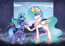 Size: 9167x6500 | Tagged: safe, artist:opal_radiance, princess celestia, princess luna, alicorn, pony, friendship is magic, g4, absurd file size, absurd resolution, crown, crying, floppy ears, forgiveness, hoof shoes, jewelry, raised hoof, regalia, royal sisters, s1 luna, siblings, sisters, younger