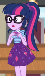 Size: 344x582 | Tagged: safe, screencap, sci-twi, twilight sparkle, equestria girls, equestria girls series, g4, holidays unwrapped, the cider louse fools, spoiler:eqg series (season 2), bow, clothes, cropped, cutie mark on clothes, geode of telekinesis, glasses, hands up, jewelry, legs, magical geodes, open mouth, pendant, pocket, polo shirt, ponytail, skirt, solo, talking, tub