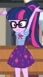 Size: 344x606 | Tagged: safe, screencap, sci-twi, twilight sparkle, equestria girls, equestria girls specials, g4, my little pony equestria girls: better together, my little pony equestria girls: holidays unwrapped, the cider louse fools, armpits, arms in the air, bow, clothes, cropped, cutie mark on clothes, geode of telekinesis, glasses, jewelry, magical geodes, pendant, polo shirt, ponytail, skirt, solo