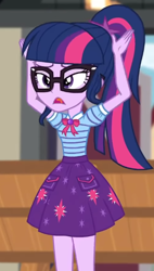 Size: 344x606 | Tagged: safe, screencap, sci-twi, twilight sparkle, equestria girls, equestria girls series, g4, holidays unwrapped, the cider louse fools, spoiler:eqg series (season 2), armpits, arms in the air, blinking, bowtie, clothes, cropped, cutie mark on clothes, geode of telekinesis, glasses, jewelry, magical geodes, pendant, polo shirt, ponytail, skirt, solo