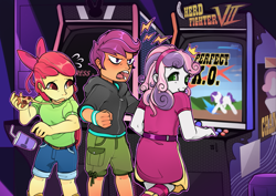 Size: 1637x1158 | Tagged: safe, artist:sugarelement, apple bloom, rarity, scootaloo, sweetie belle, human, pony, unicorn, equestria girls, g4, angry, arcade, arcade cabinet, arcade game, boots, clothes, crown, cup, cutie mark crusaders, drink, food, hoodie, jewelry, pizza, regalia, scootaloo is not amused, shirt, shoes, shorts, skirt, smug belle, street fighter, style emulation, unamused, wristband