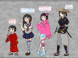 Size: 1024x768 | Tagged: safe, artist:metaruscarlet, oc, oc only, oc:anime-chan, oc:hanako (ice1517), oc:hera-chan, oc:ohasu, human, armor, asian, asian conical hat, ball, belt, clothes, ear piercing, earring, eye scar, eyepatch, female, flats, grin, hat, hoodie, humanized, humanized oc, japan, japanese, jewelry, katana, kimono (clothing), open mouth, pants, peace sign, piercing, ribbon, sandals, scar, school uniform, shoes, skirt, smiling, sneakers, socks, stockings, striped socks, sword, teenager, thigh highs, weapon