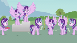 Size: 800x450 | Tagged: safe, artist:forgalorga, starlight glimmer, alicorn, pony, starlight's world, g4, :c, alicornified, animated, bronze medal, clipboard, frown, gif, gold medal, levitation, magic, magic glow, measuring, measuring tape, medal, multeity, narrowed eyes, pencil, podium, race swap, silver medal, spread wings, starlicorn, starlight cluster, telekinesis, unamused, wings, youtube link