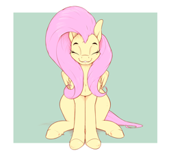 Size: 3364x3038 | Tagged: safe, artist:aquaticvibes, fluttershy, pegasus, pony, g4, cute, eyes closed, female, grin, high res, mare, shyabetes, sitting, smiling, solo