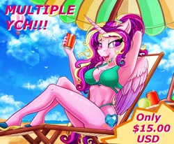 Size: 2250x1850 | Tagged: safe, artist:stainedglasslighthea, princess cadance, alicorn, anthro, plantigrade anthro, g4, alternate hairstyle, beach, beach chair, beach umbrella, bedroom eyes, belly button, bikini, bikini bottom, bikini top, breasts, busty princess cadance, can, chair, clothes, drink, feet, female, looking at you, midriff, open mouth, open smile, sand, sandals, smiling, soda can, solo, summer, swimsuit, ych example, your character here