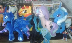 Size: 750x450 | Tagged: safe, artist:karadeg, derpibooru exclusive, princess luna, queen chrysalis, rarity, starlight glimmer, sunset shimmer, trixie, g4, irl, photo, plushie