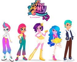 Size: 1280x1034 | Tagged: safe, artist:annaxeptable, hitch trailblazer, izzy moonbow, pipp petals, sunny starscout, zipp storm, equestria girls, g4, g5, equestria girls-ified, g5 to equestria girls, g5 to g4, generation leap, mane five, phone, simple background, skinny pipp, sleeveless, transparent background